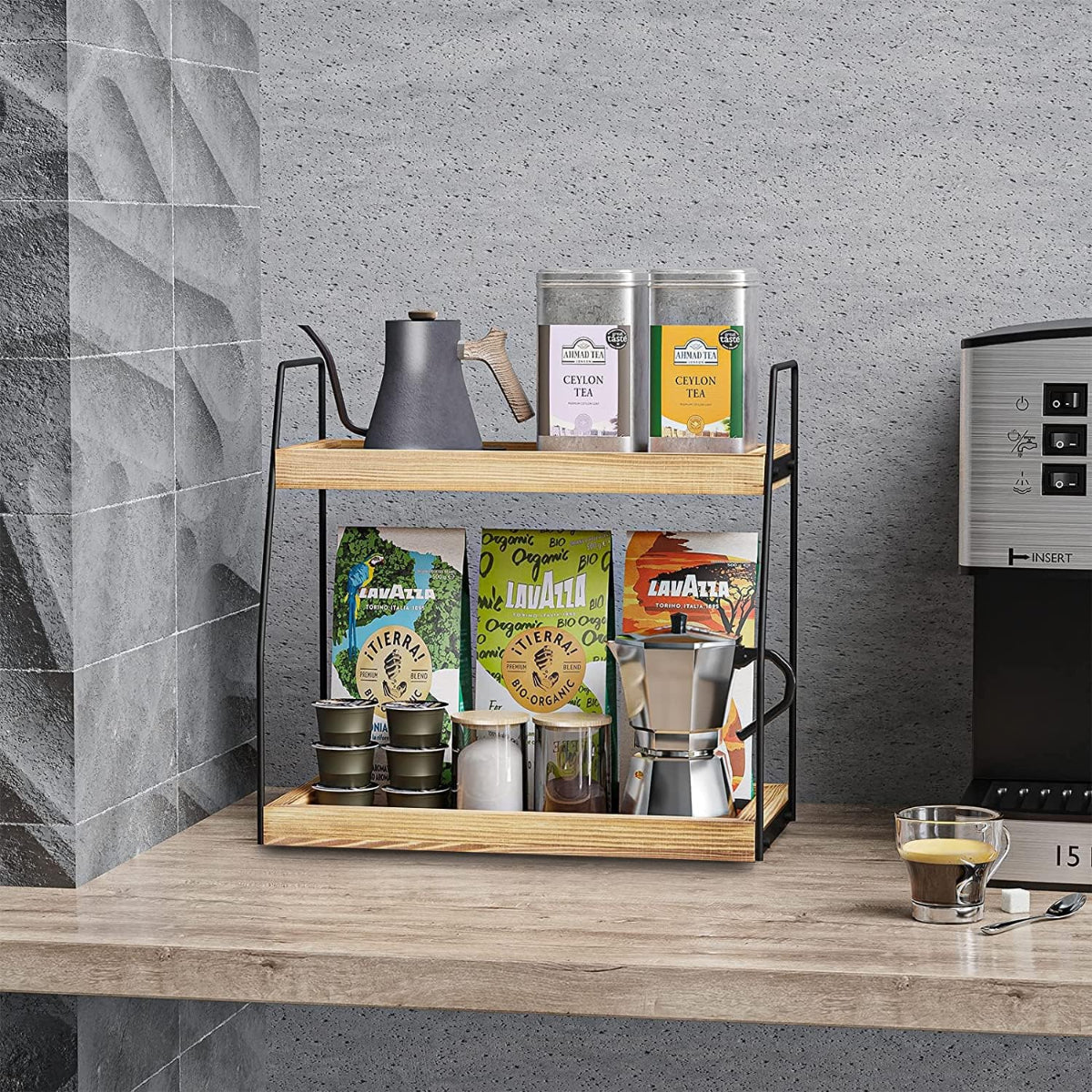 Carla Home 2 Tier Wooden Coffee Station Rack Organiser For Bar Condiments Syrups Storage Jars & Spice Shelf