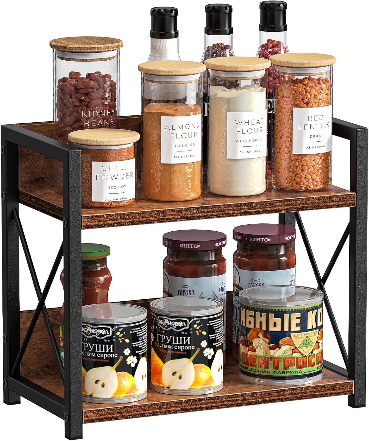 Carla Home 2 Tier Countertop Shelf Organizer Rustic Wood Kitchen Spice Rack For Storage Condiments & Cabinet Organizatio