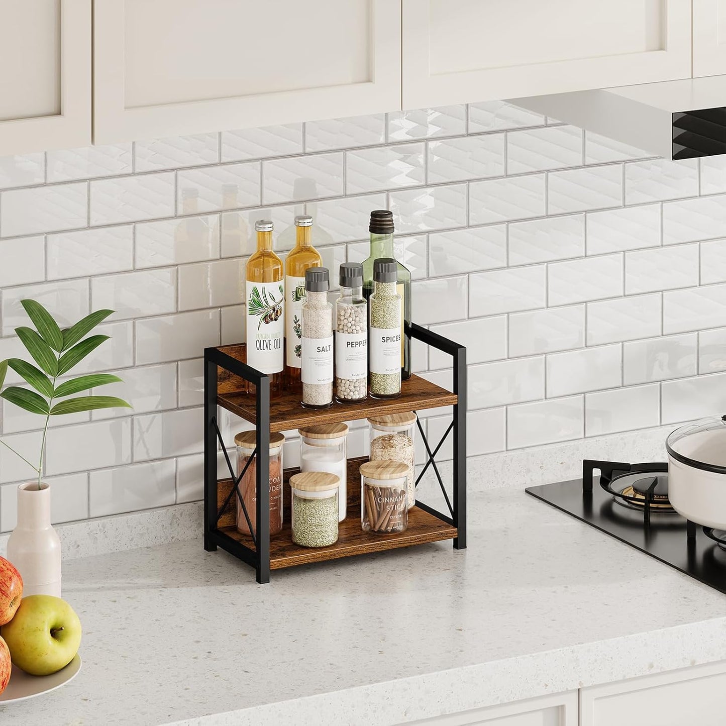 Carla Home 2 Tier Countertop Shelf Organizer Rustic Wood Kitchen Spice Rack For Storage Condiments & Cabinet Organizatio