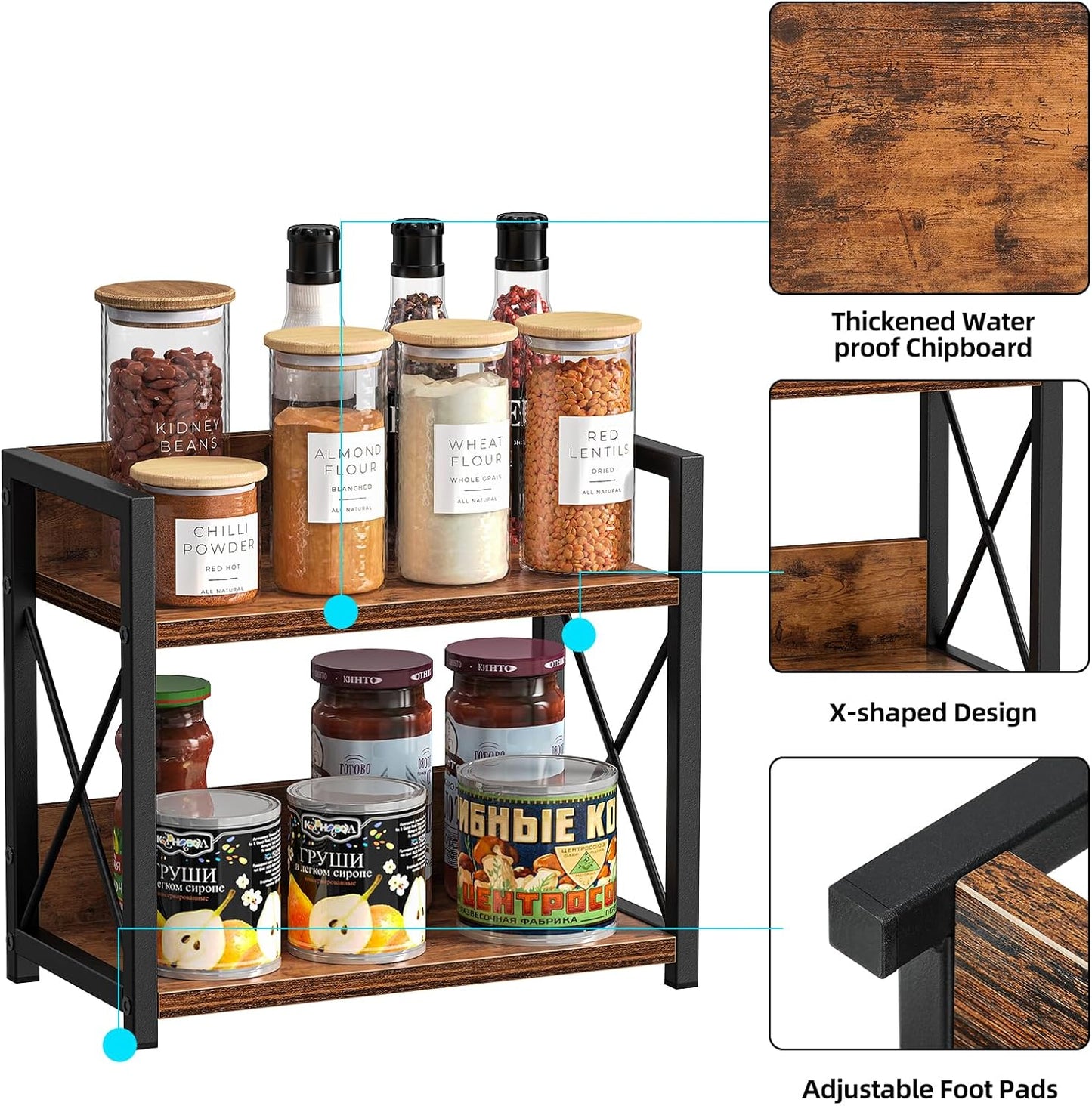 Carla Home 2 Tier Countertop Shelf Organizer Rustic Wood Kitchen Spice Rack For Storage Condiments & Cabinet Organizatio