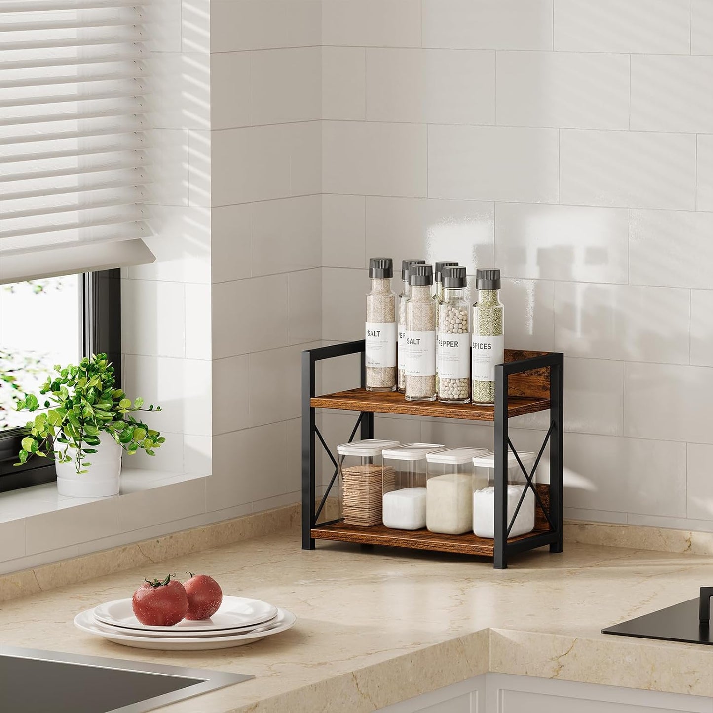 Carla Home 2 Tier Countertop Shelf Organizer Rustic Wood Kitchen Spice Rack For Storage Condiments & Cabinet Organizatio