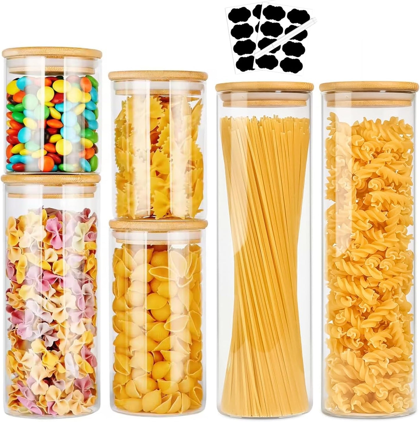 Carla Home 6 Pack Glass Storage Jars With Bamboo Lids For Kitchen Pantry Pasta Snacks Cookies Candy & More