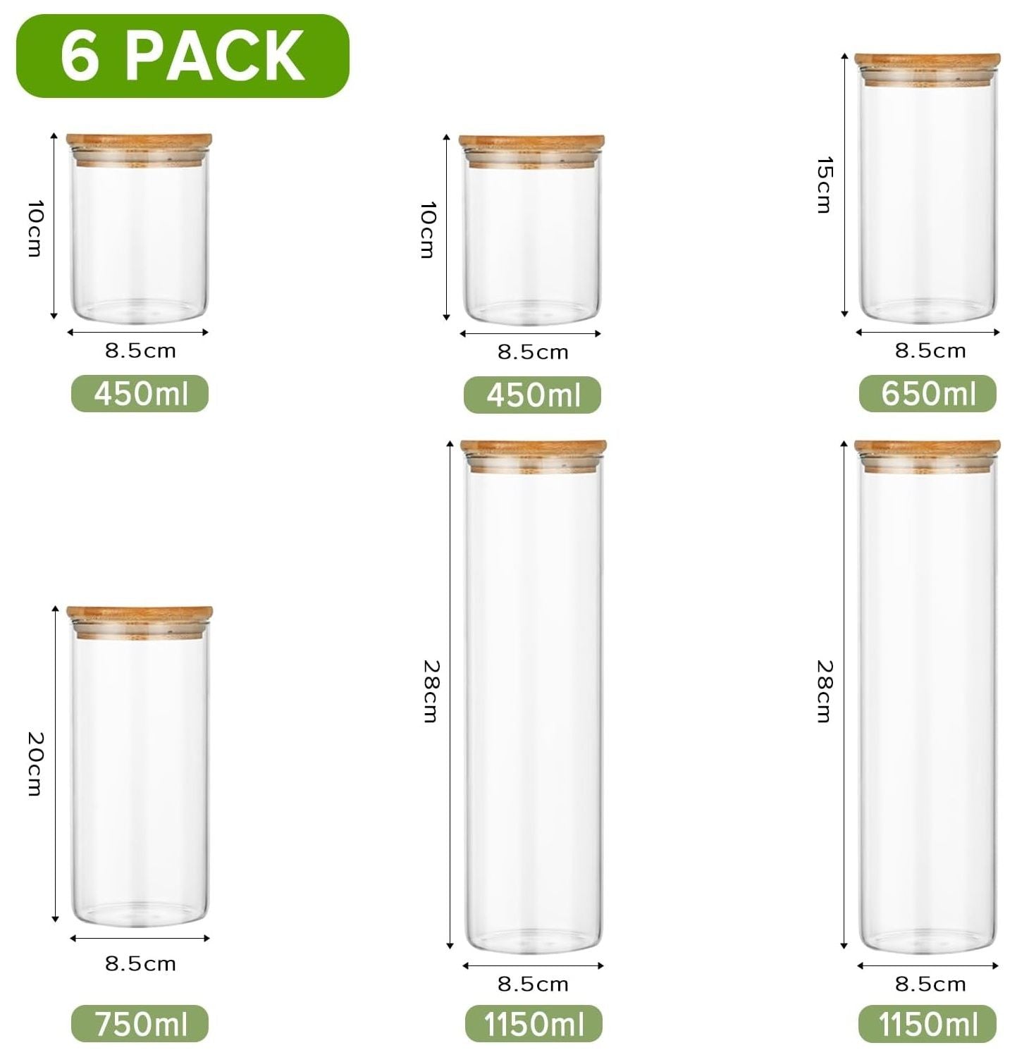 Carla Home 6 Pack Glass Storage Jars With Bamboo Lids For Kitchen Pantry Pasta Snacks Cookies Candy & More