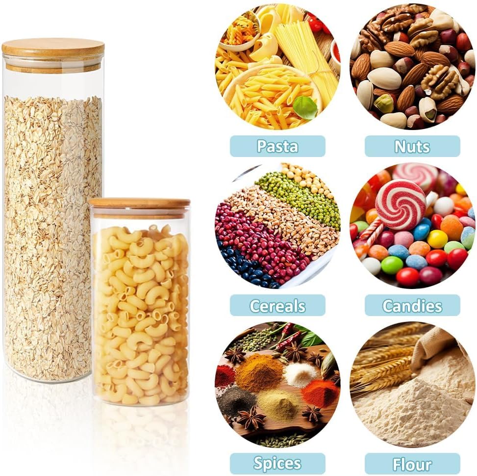 Carla Home 6 Pack Glass Storage Jars With Bamboo Lids For Kitchen Pantry Pasta Snacks Cookies Candy & More