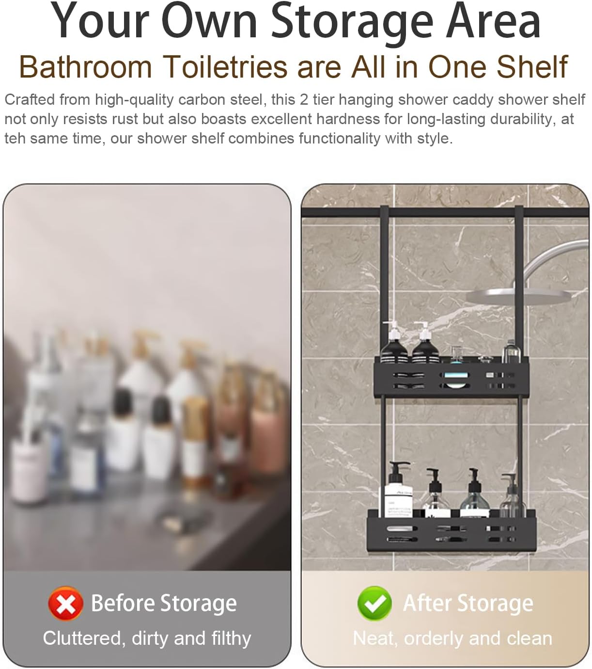 Carla Home Over The Door 2 Tier Shower Caddy Organizer Shelf With Hooks For Bathroom