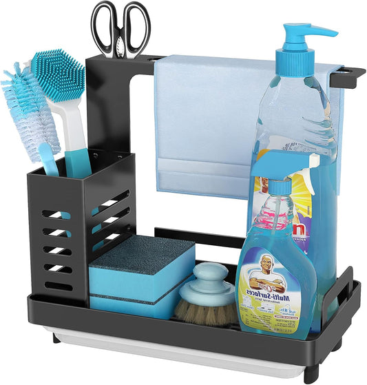 Carla Home Kitchen Sink Caddy Organizer With Sponge Soap & Brush Storage And Rag Rack Drain Tray Utensil Holder
