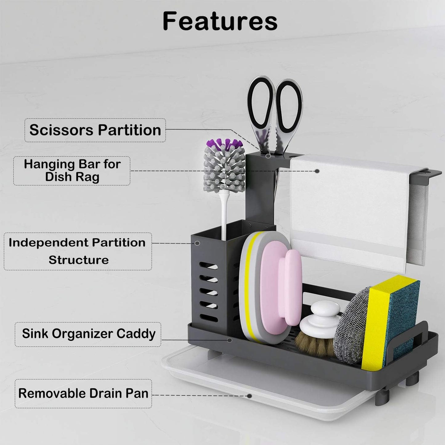 Carla Home Kitchen Sink Caddy Organizer With Sponge Soap & Brush Storage And Rag Rack Drain Tray Utensil Holder