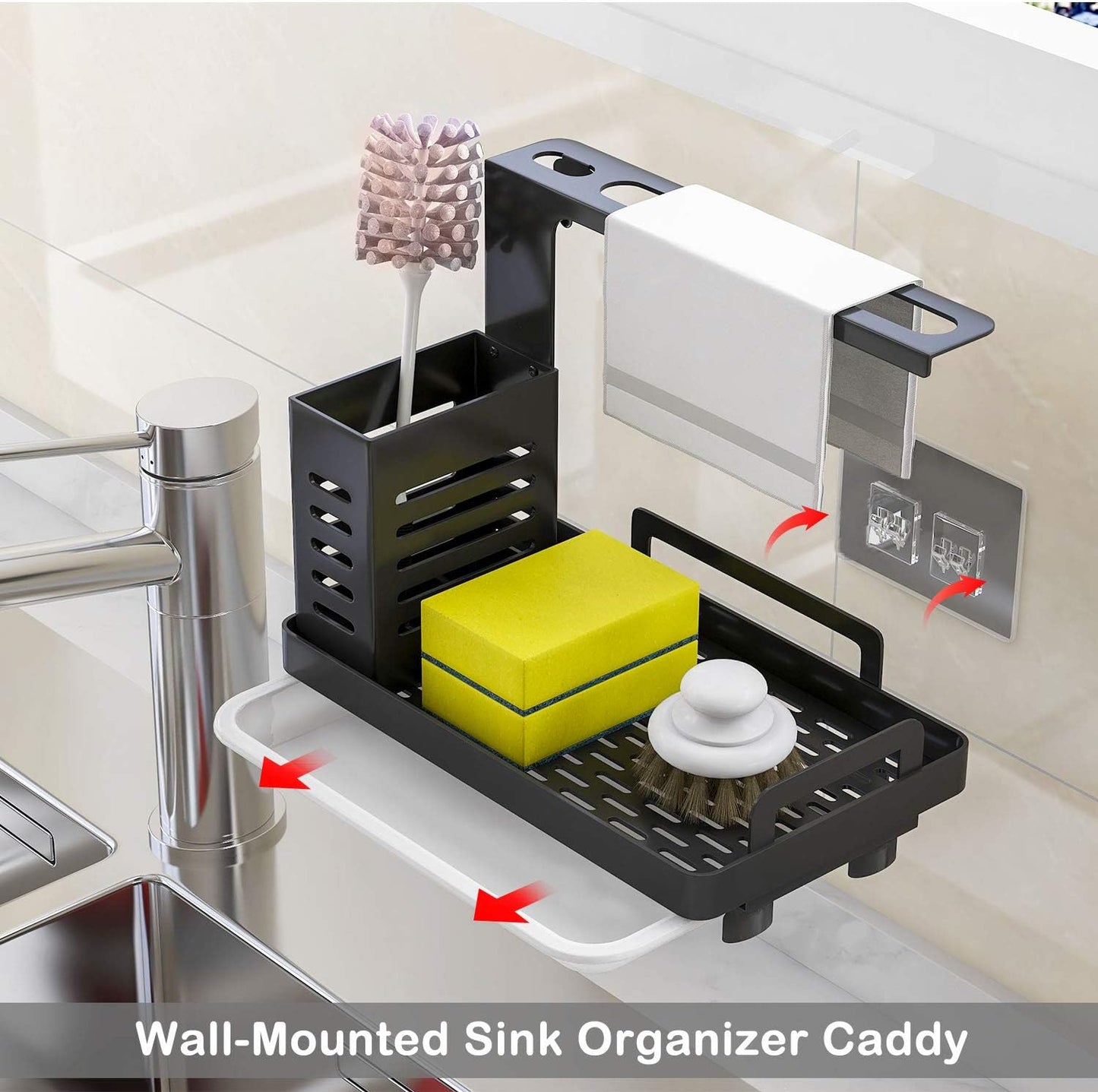 Carla Home Kitchen Sink Caddy Organizer With Sponge Soap & Brush Storage And Rag Rack Drain Tray Utensil Holder
