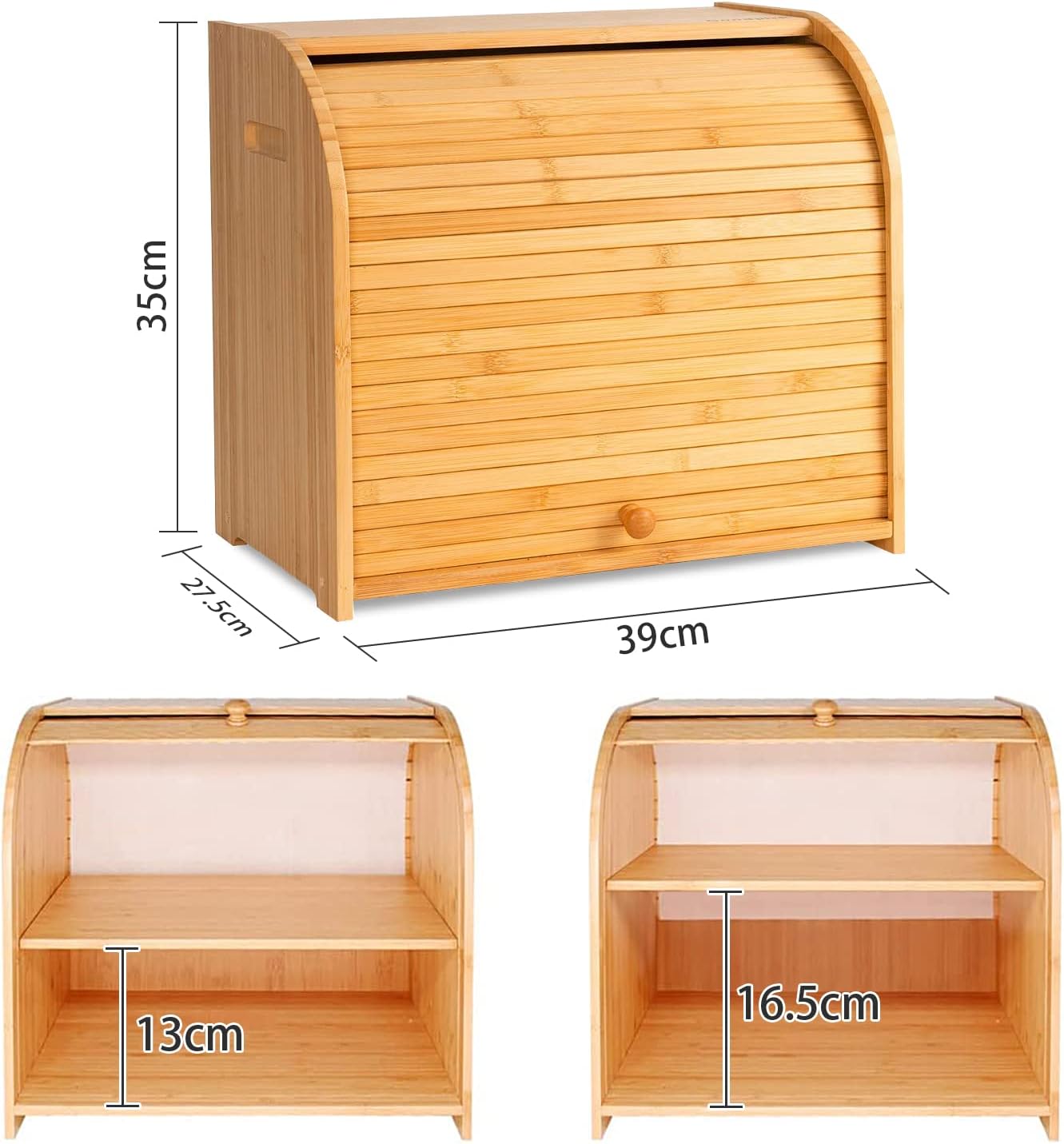 Carla Home Large Bamboo Bread Box Storage Organizer With Roll Top For Kitchen Counter