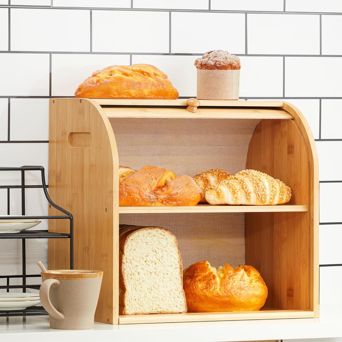 Carla Home Large Bamboo Bread Box Storage Organizer With Roll Top For Kitchen Counter