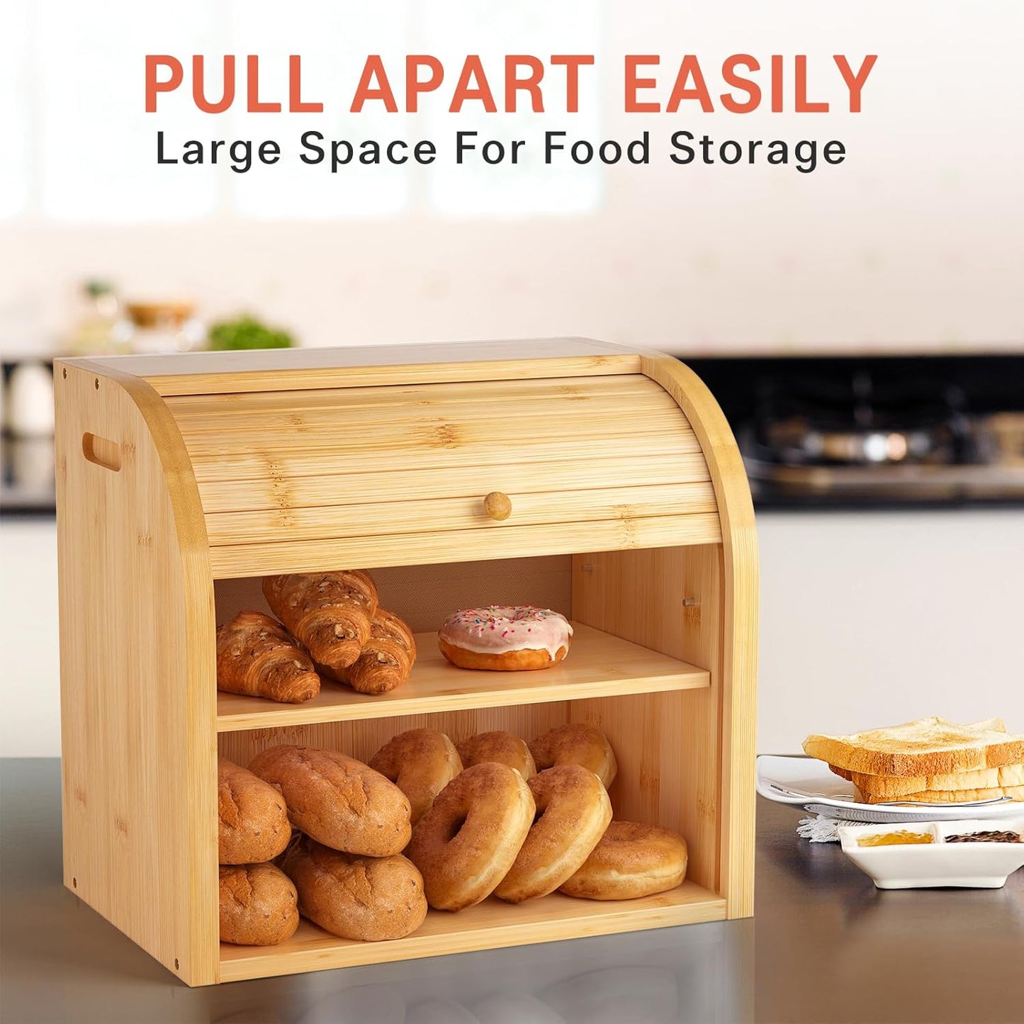 Carla Home Large Bamboo Bread Box Storage Organizer With Roll Top For Kitchen Counter