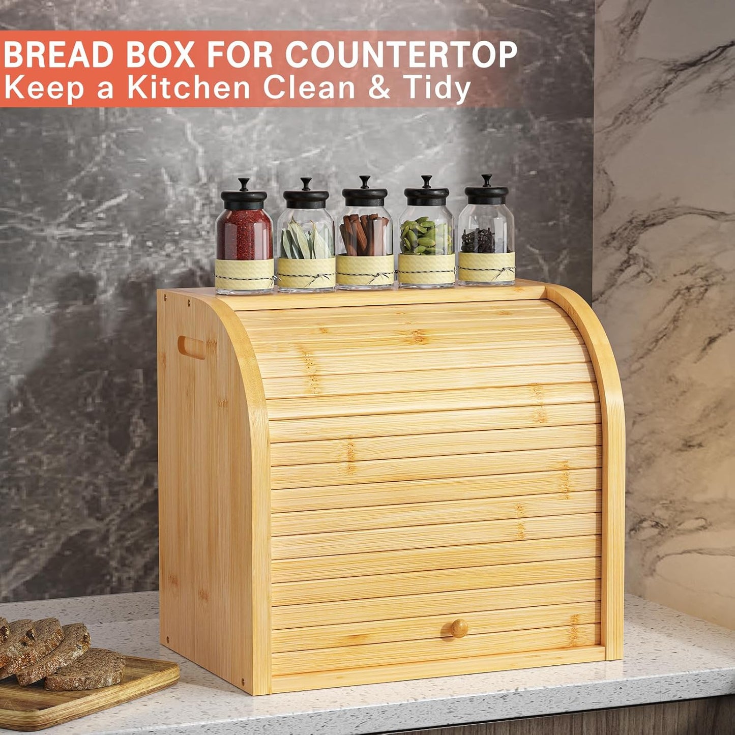 Carla Home Large Bamboo Bread Box Storage Organizer With Roll Top For Kitchen Counter