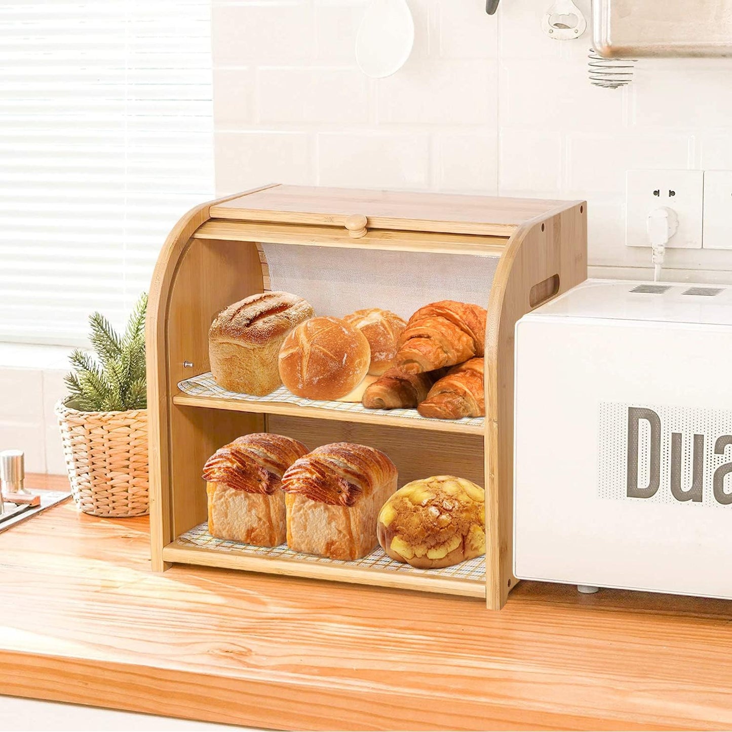 Carla Home Large Bamboo Bread Box Storage Organizer With Roll Top For Kitchen Counter