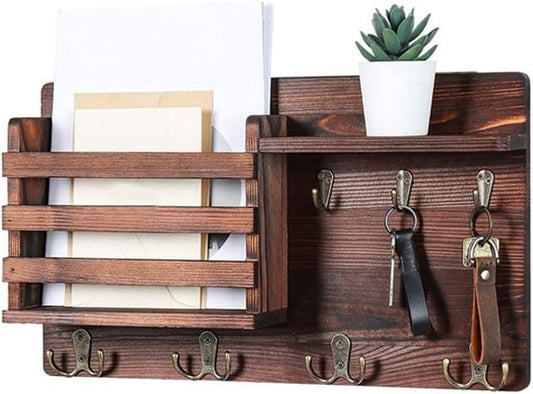 Carla Home Rustic Wood Wall Mounted Key And Mail Holder Organizer With Shelf Letter Slot & 6 Hooks For Entryway Decor