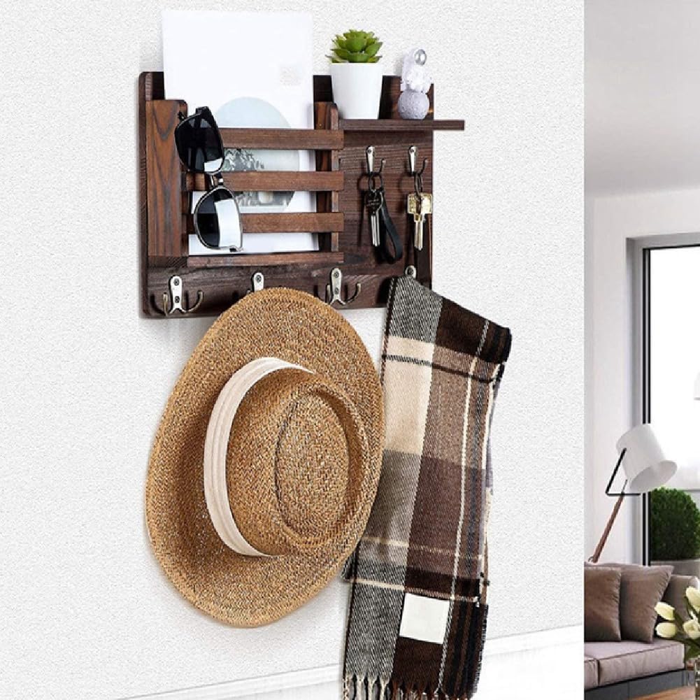 Carla Home Rustic Wood Wall Mounted Key And Mail Holder Organizer With Shelf Letter Slot & 6 Hooks For Entryway Decor