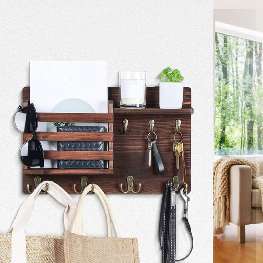 Carla Home Rustic Wood Wall Mounted Key And Mail Holder Organizer With Shelf Letter Slot & 6 Hooks For Entryway Decor