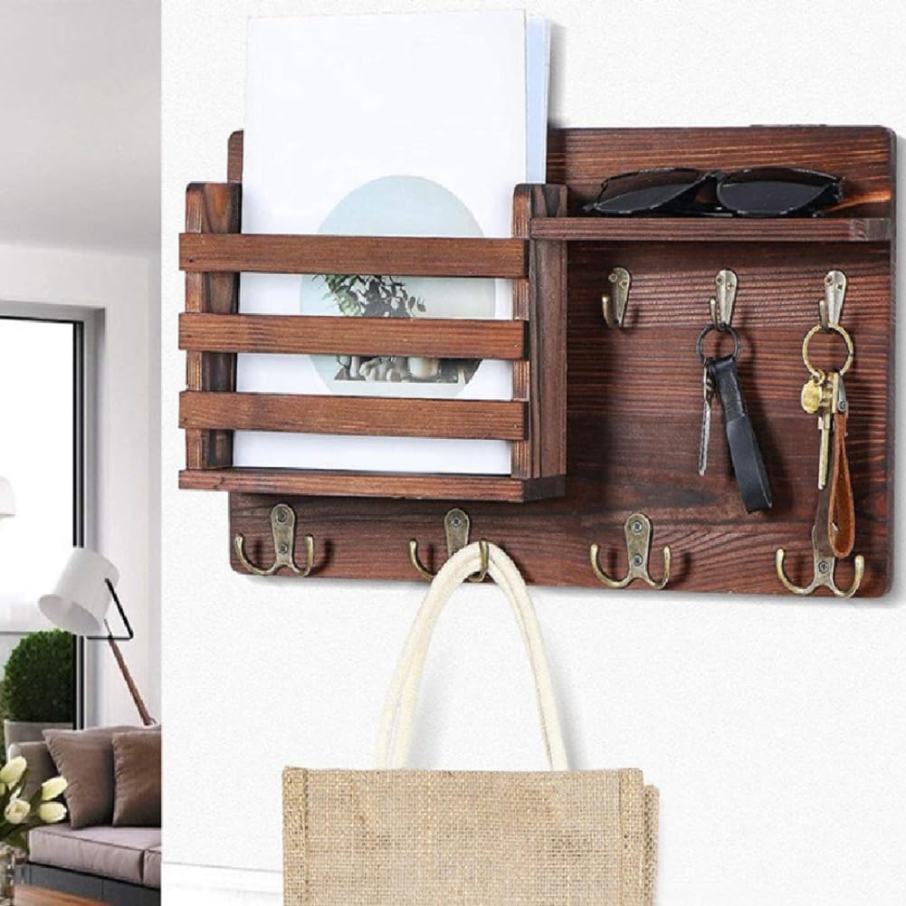 Carla Home Rustic Wood Wall Mounted Key And Mail Holder Organizer With Shelf Letter Slot & 6 Hooks For Entryway Decor