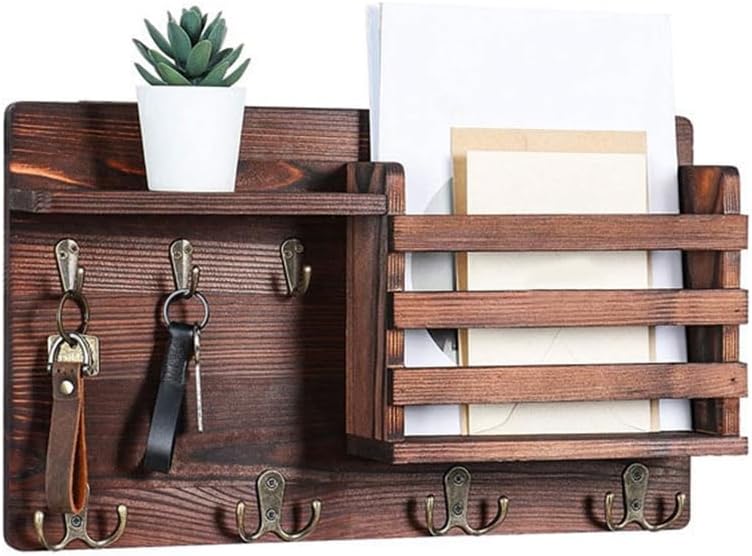 Carla Home Rustic Wood Wall Mounted Key And Mail Holder Organizer With Shelf Letter Slot & 6 Hooks For Entryway Decor