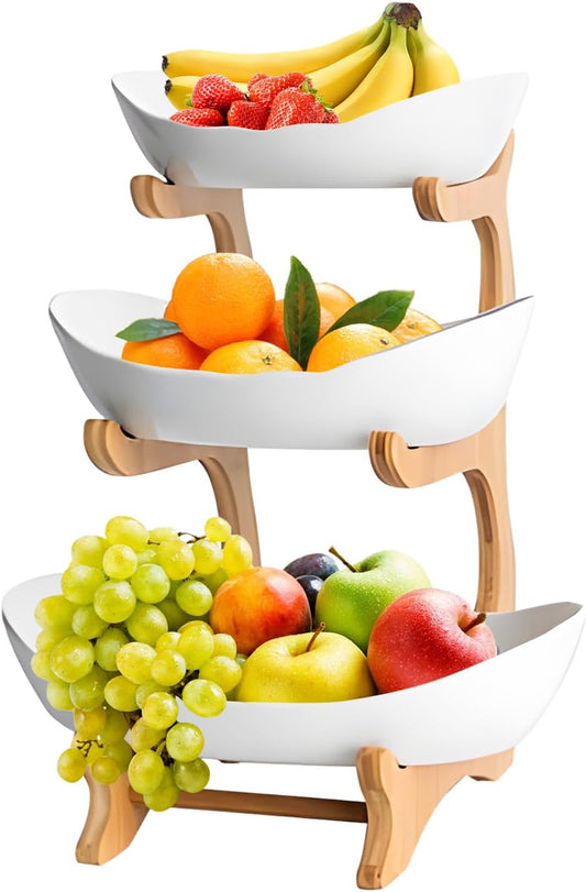 Carla Home 3 Tier Ceramic Fruit Bowl Basket With Bamboo Stand For Kitchen Counter Snack Tray Dessert Server & Vegetable