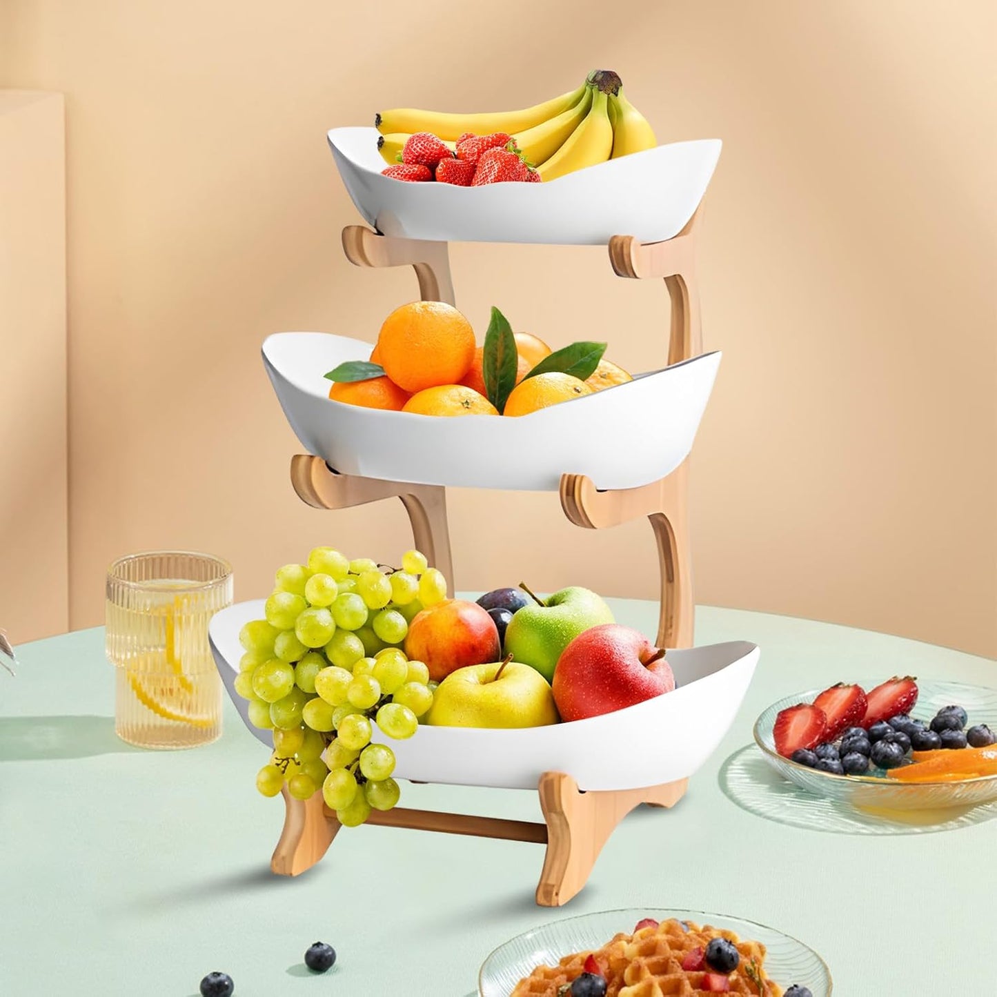 Carla Home 3 Tier Ceramic Fruit Bowl Basket With Bamboo Stand For Kitchen Counter Snack Tray Dessert Server & Vegetable