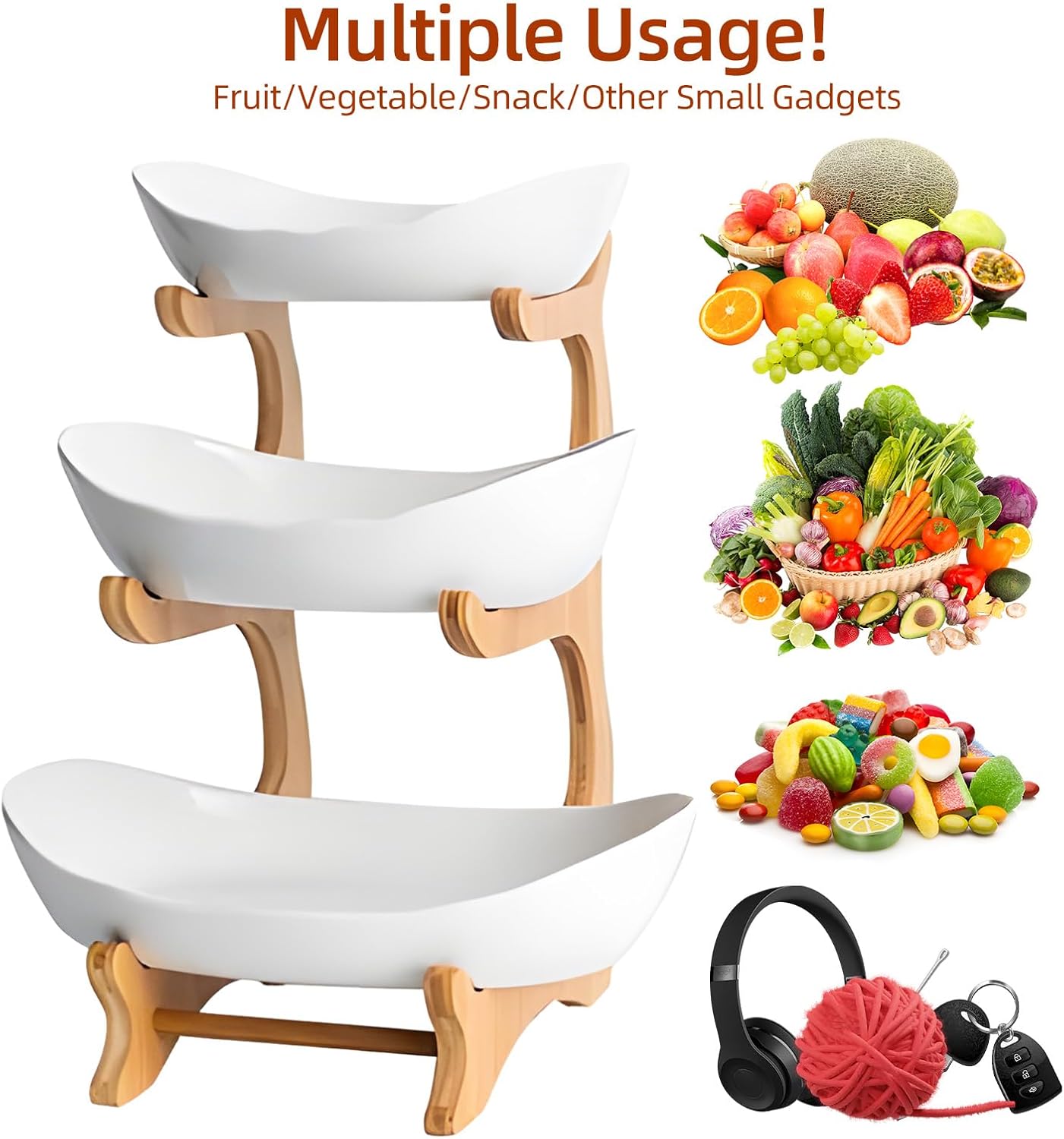 Carla Home 3 Tier Ceramic Fruit Bowl Basket With Bamboo Stand For Kitchen Counter Snack Tray Dessert Server & Vegetable