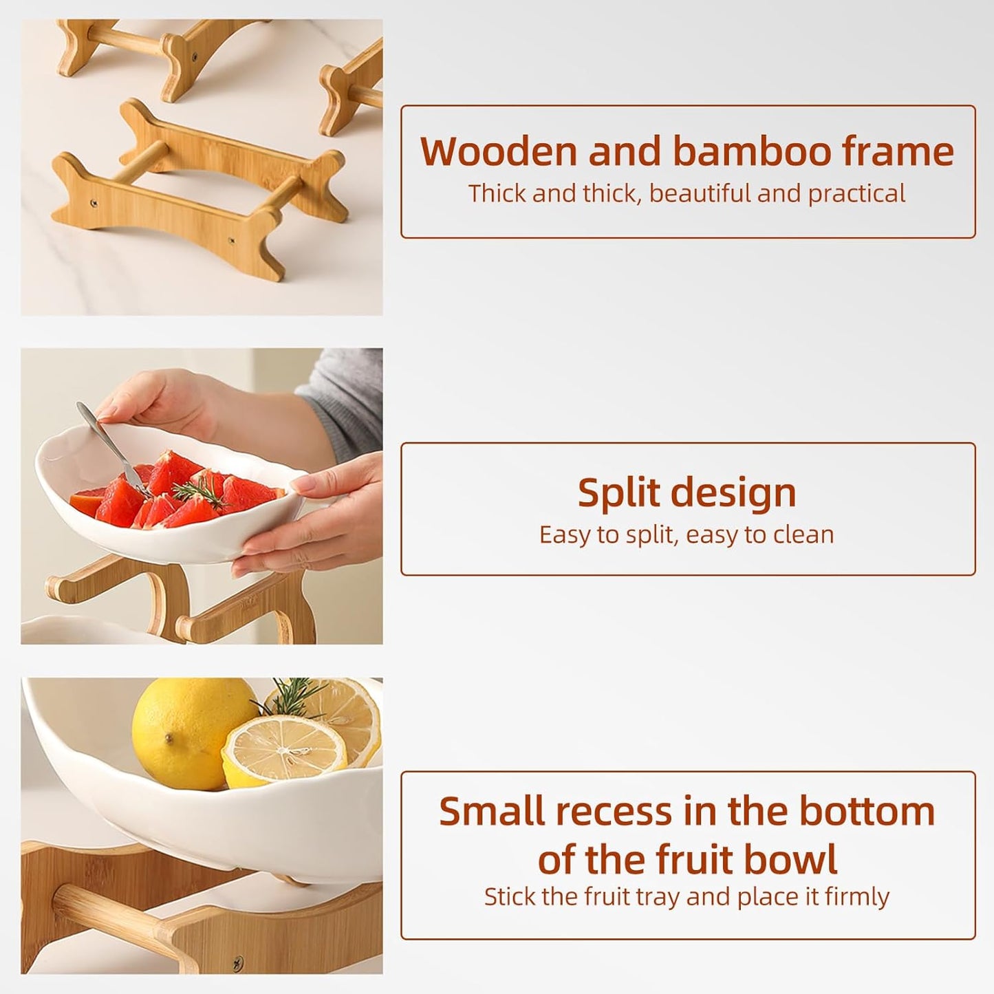 Carla Home 3 Tier Ceramic Fruit Bowl Basket With Bamboo Stand For Kitchen Counter Snack Tray Dessert Server & Vegetable