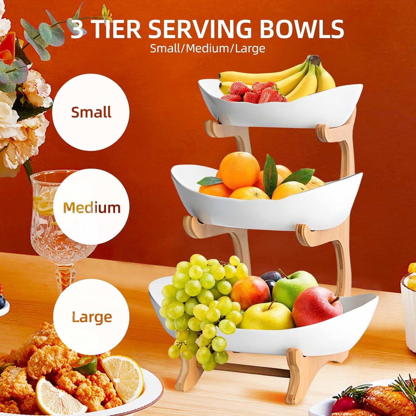 Carla Home 3 Tier Ceramic Fruit Bowl Basket With Bamboo Stand For Kitchen Counter Snack Tray Dessert Server & Vegetable