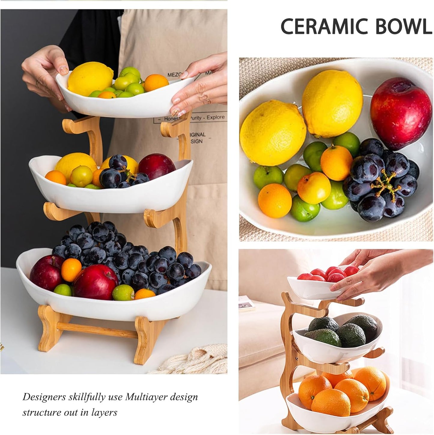 Carla Home 3 Tier Ceramic Fruit Bowl Basket With Bamboo Stand For Kitchen Counter Snack Tray Dessert Server & Vegetable