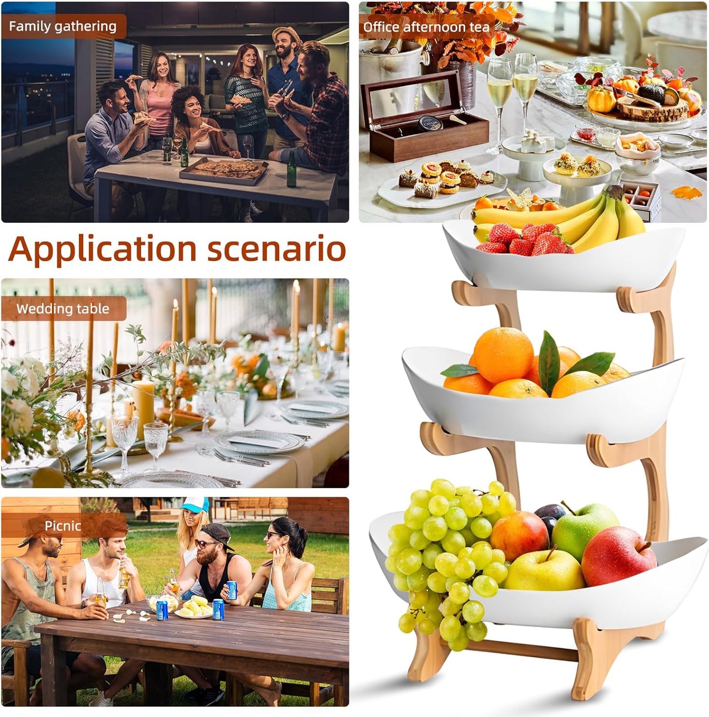 Carla Home 3 Tier Ceramic Fruit Bowl Basket With Bamboo Stand For Kitchen Counter Snack Tray Dessert Server & Vegetable