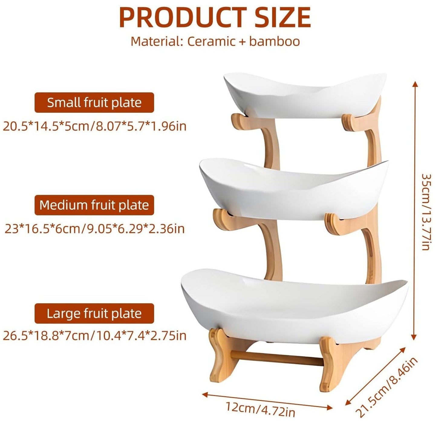 Carla Home 3 Tier Ceramic Fruit Bowl Basket With Bamboo Stand For Kitchen Counter Snack Tray Dessert Server & Vegetable