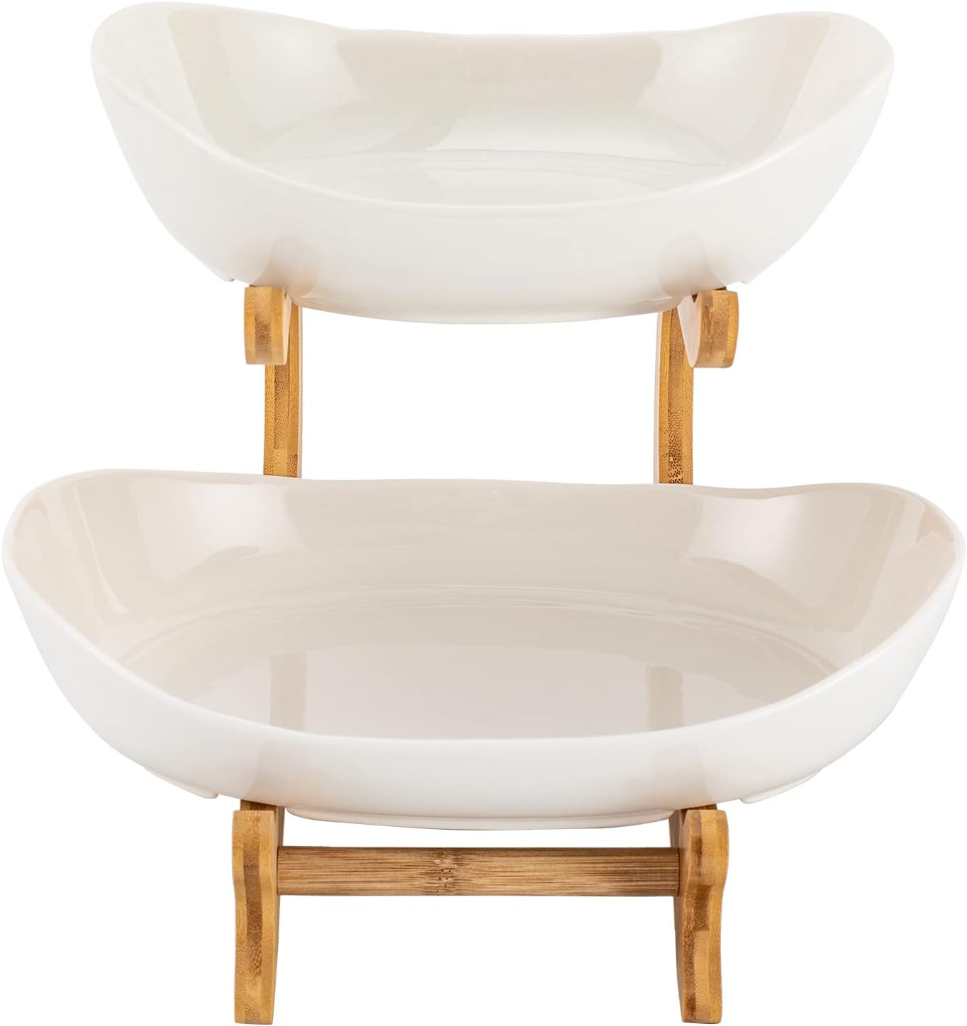 Carla Home 2 Tier Ceramic Fruit Bowl Basket With Bamboo Stand For Kitchen Counter Snack Tray Dessert Server & Vegetable