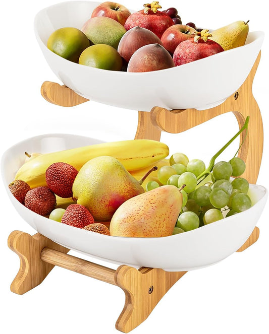 Carla Home 2 Tier Ceramic Fruit Bowl Basket With Bamboo Stand For Kitchen Counter Snack Tray Dessert Server & Vegetable