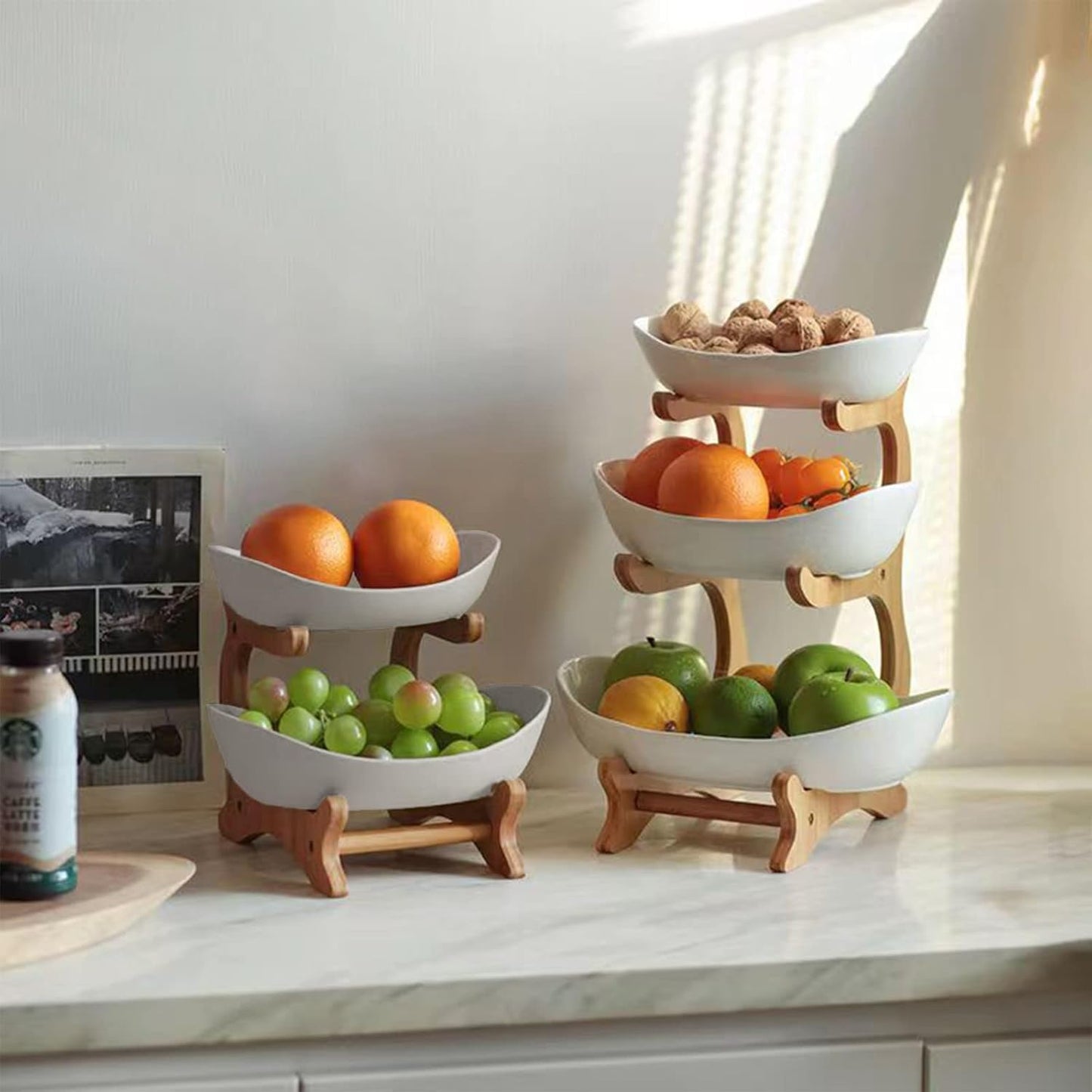 Carla Home 2 Tier Ceramic Fruit Bowl Basket With Bamboo Stand For Kitchen Counter Snack Tray Dessert Server & Vegetable