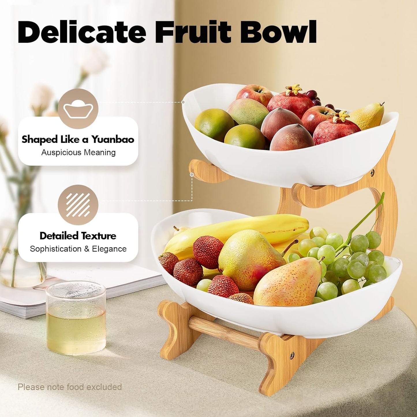 Carla Home 2 Tier Ceramic Fruit Bowl Basket With Bamboo Stand For Kitchen Counter Snack Tray Dessert Server & Vegetable