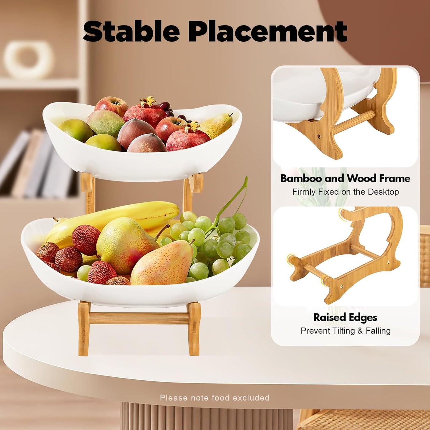 Carla Home 2 Tier Ceramic Fruit Bowl Basket With Bamboo Stand For Kitchen Counter Snack Tray Dessert Server & Vegetable