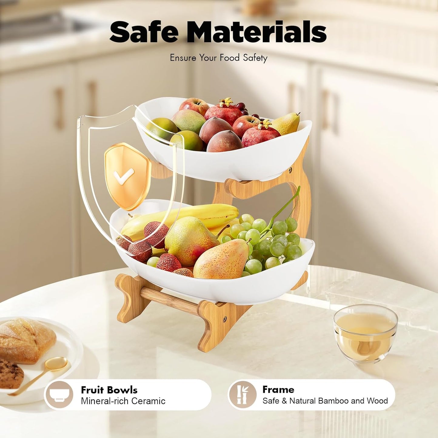 Carla Home 2 Tier Ceramic Fruit Bowl Basket With Bamboo Stand For Kitchen Counter Snack Tray Dessert Server & Vegetable