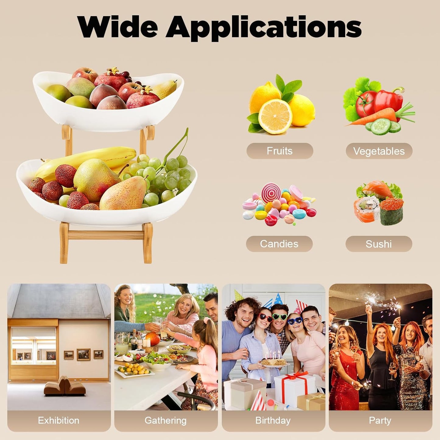 Carla Home 2 Tier Ceramic Fruit Bowl Basket With Bamboo Stand For Kitchen Counter Snack Tray Dessert Server & Vegetable