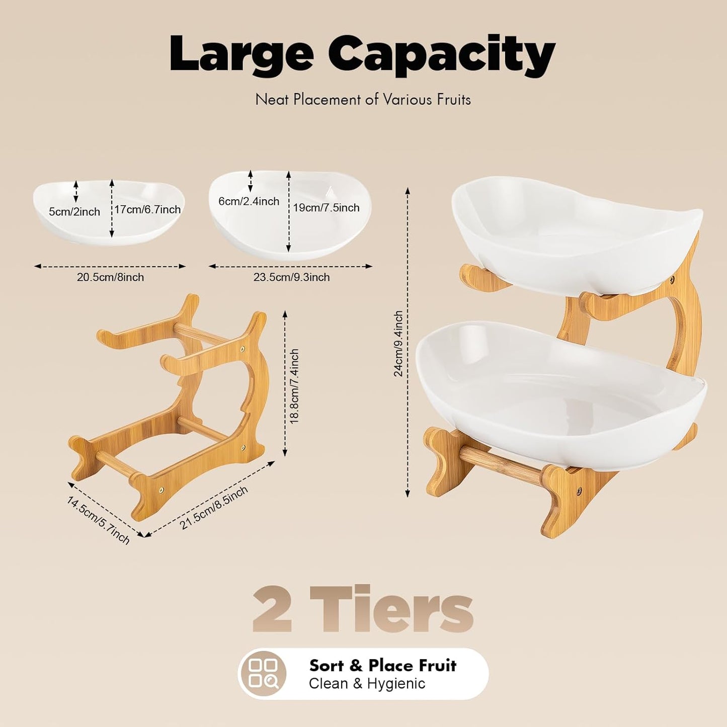 Carla Home 2 Tier Ceramic Fruit Bowl Basket With Bamboo Stand For Kitchen Counter Snack Tray Dessert Server & Vegetable