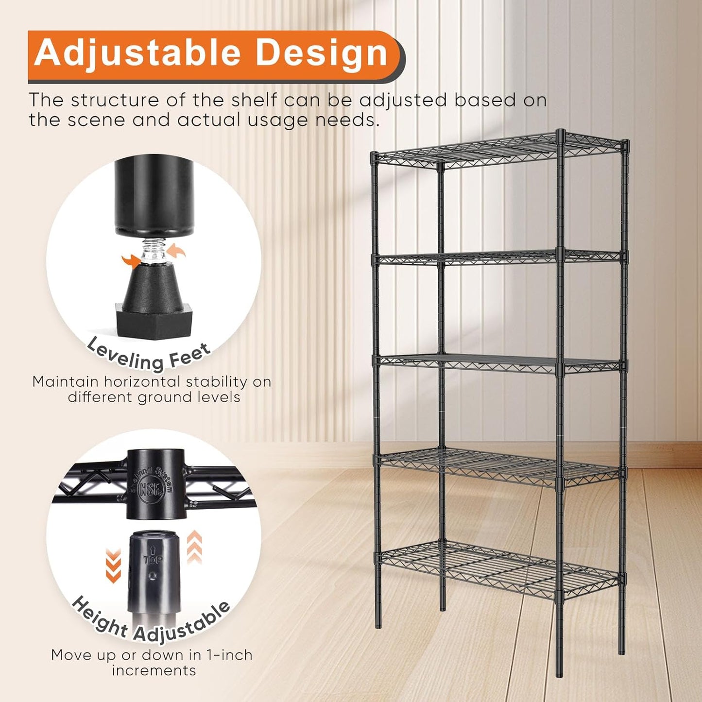 Carla Home 5 Tier Adjustable Metal Storage Shelves Wire Rack Organizer For Kitchen Pantry Bathroom Laundry Room (60Cm X
