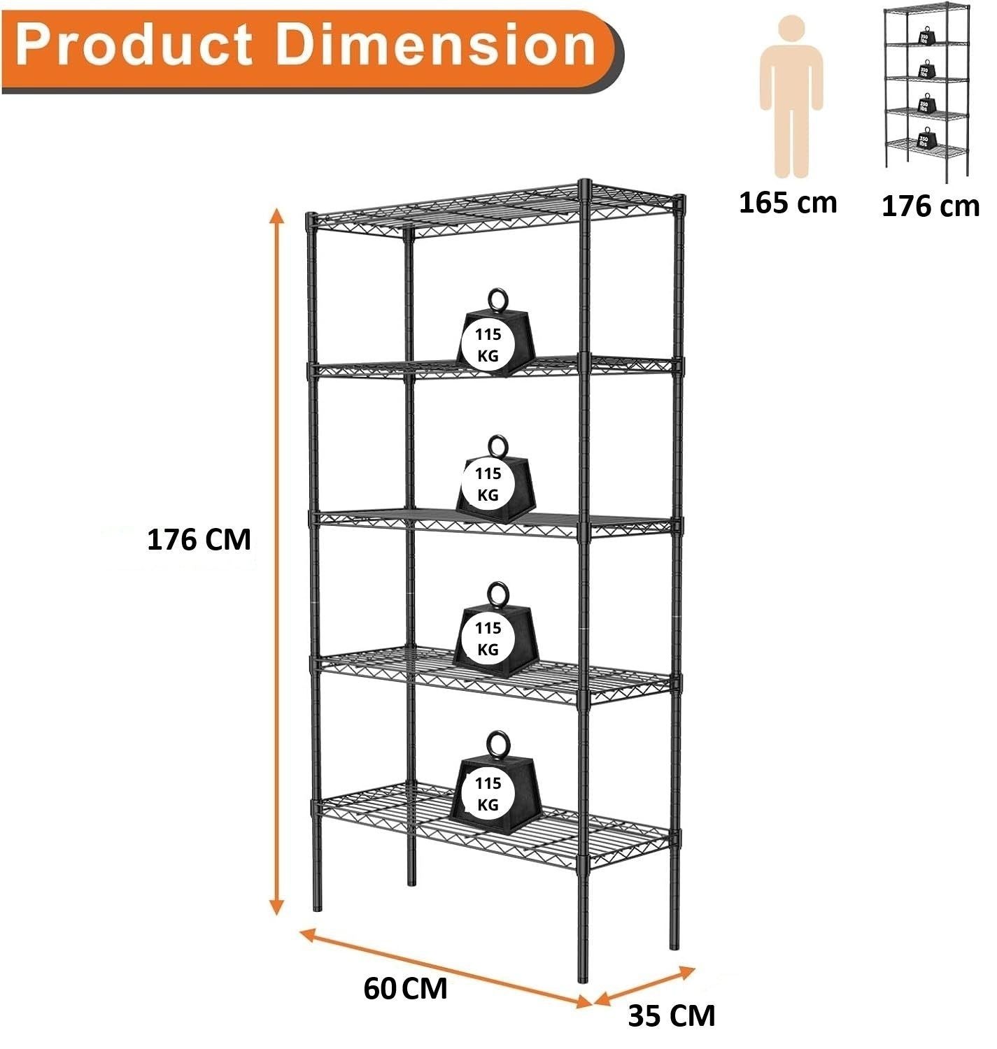 Carla Home 5 Tier Adjustable Metal Storage Shelves Wire Rack Organizer For Kitchen Pantry Bathroom Laundry Room (60Cm X