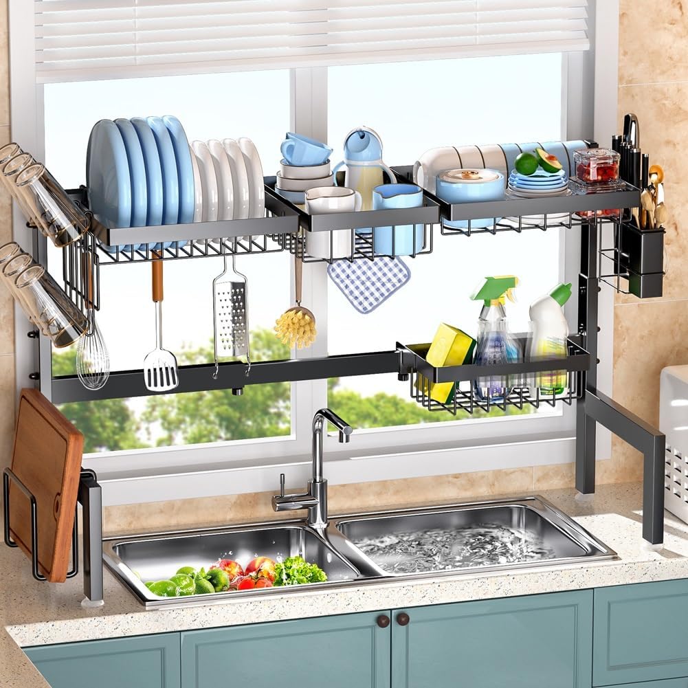 Carla Home Adjustable Over The Sink Dish Drying Rack With Utensil Holder Hooks & Cutting Board For Kitchen Counter Stora