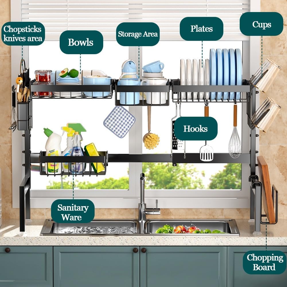 Carla Home Adjustable Over The Sink Dish Drying Rack With Utensil Holder Hooks & Cutting Board For Kitchen Counter Stora