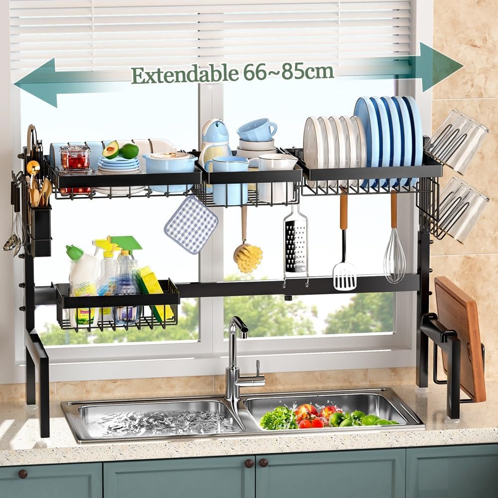 Carla Home Adjustable Over The Sink Dish Drying Rack With Utensil Holder Hooks & Cutting Board For Kitchen Counter Stora