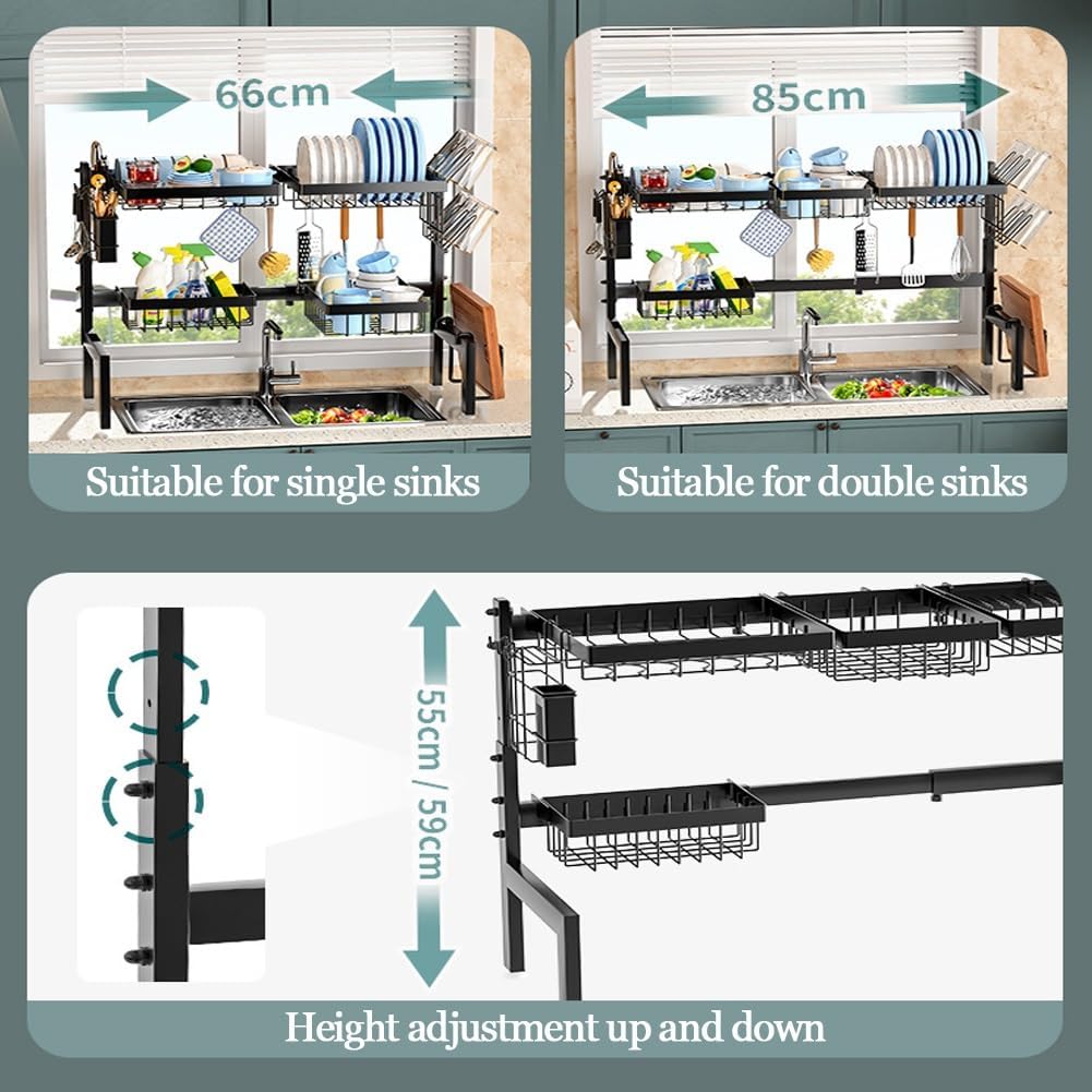 Carla Home Adjustable Over The Sink Dish Drying Rack With Utensil Holder Hooks & Cutting Board For Kitchen Counter Stora