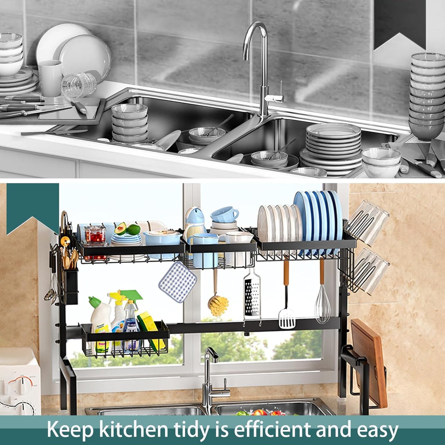 Carla Home Adjustable Over The Sink Dish Drying Rack With Utensil Holder Hooks & Cutting Board For Kitchen Counter Stora