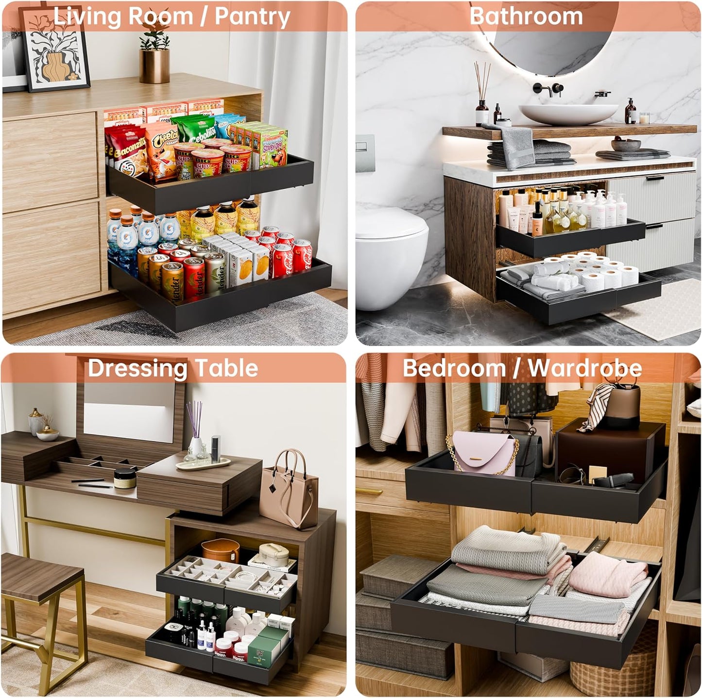 Carla Home 2 Pack Pull Out Cabinet Organizer Expandable For Cabinets With Adjustable Slide Shelves And Easy Installation