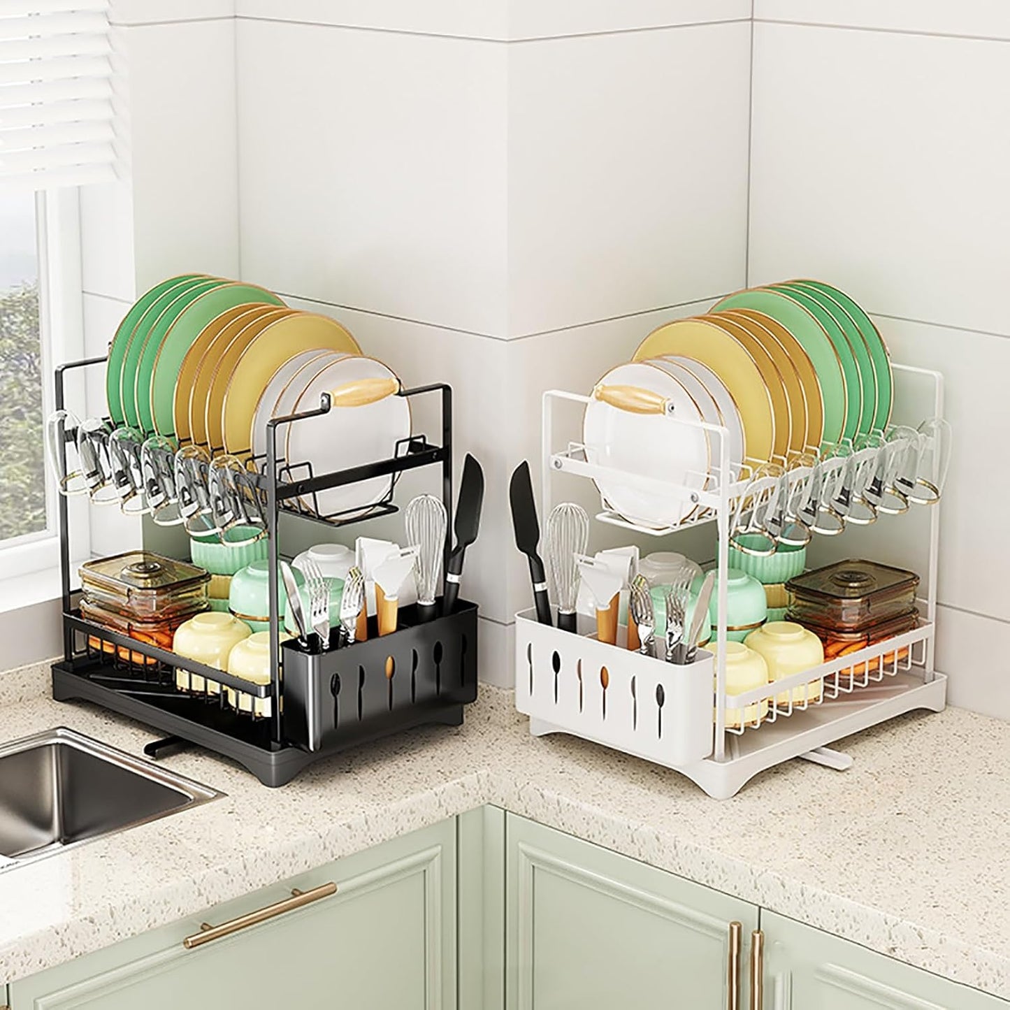 Carla Home 2 Tier Large Dish Drying Rack With Drainboard Utensil Holder Glass Hooks & Cutlery Storage (Black)