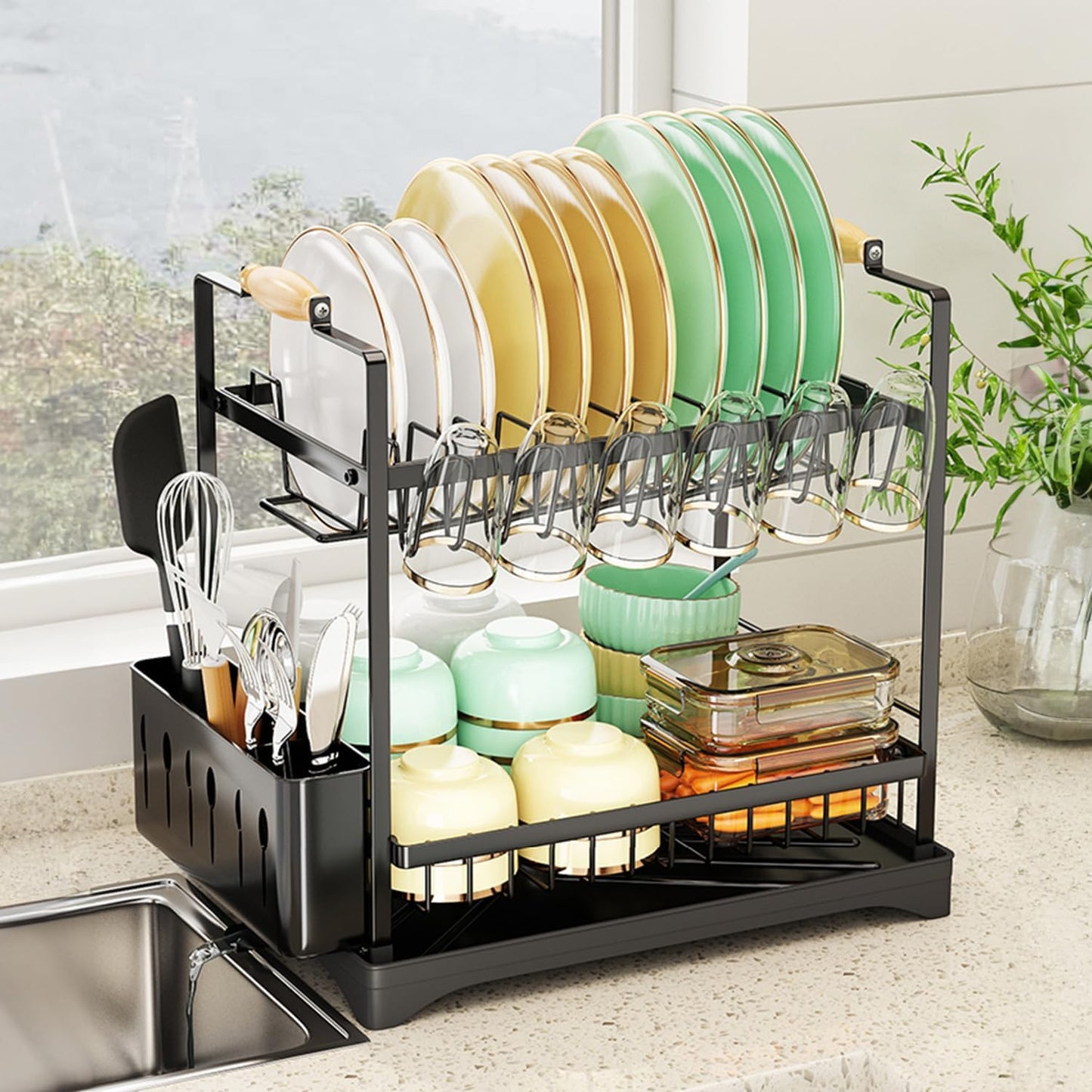 Carla Home 2 Tier Large Dish Drying Rack With Drainboard Utensil Holder Glass Hooks & Cutlery Storage (Black)