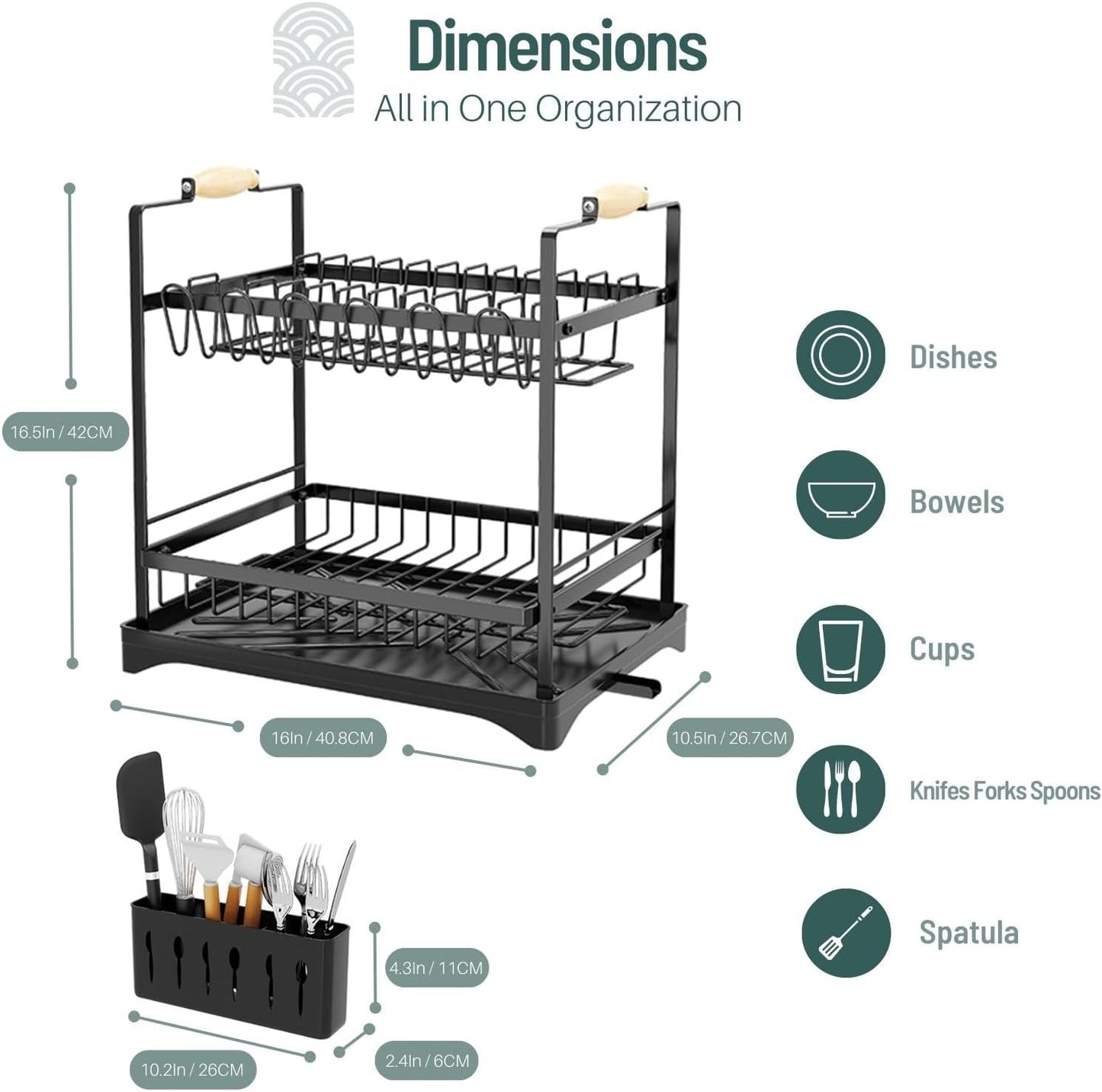 Carla Home 2 Tier Large Dish Drying Rack With Drainboard Utensil Holder Glass Hooks & Cutlery Storage (Black)