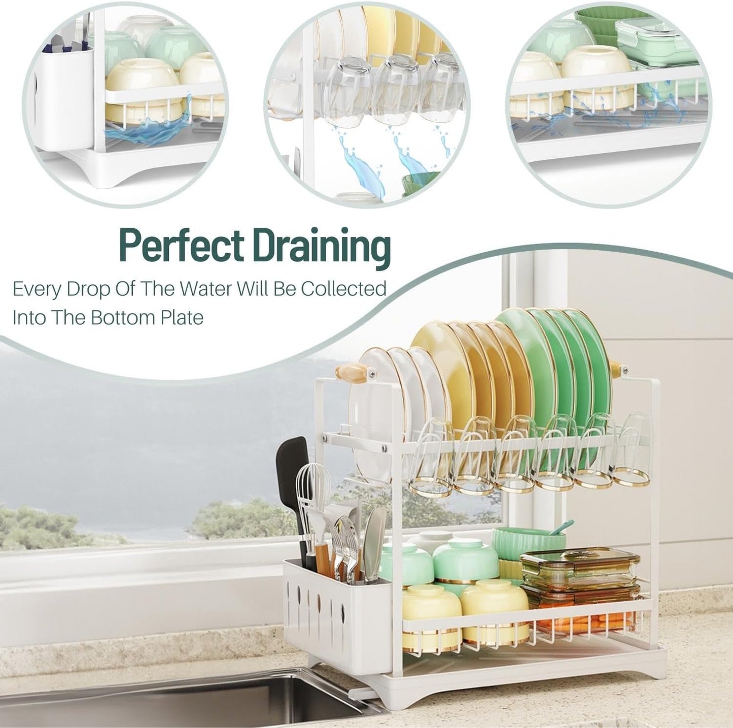 Carla Home 2 Tier Large Dish Drying Rack With Drainboard Utensil Holder Glass Hooks & Cutlery Storage (Black)